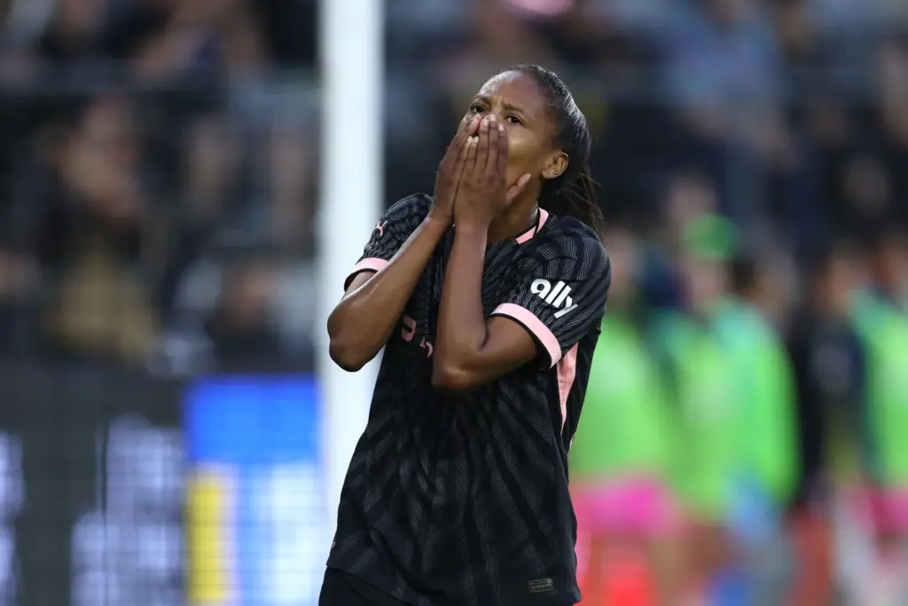 Angel City FC midfielder Ary Borges reacts after missing a...