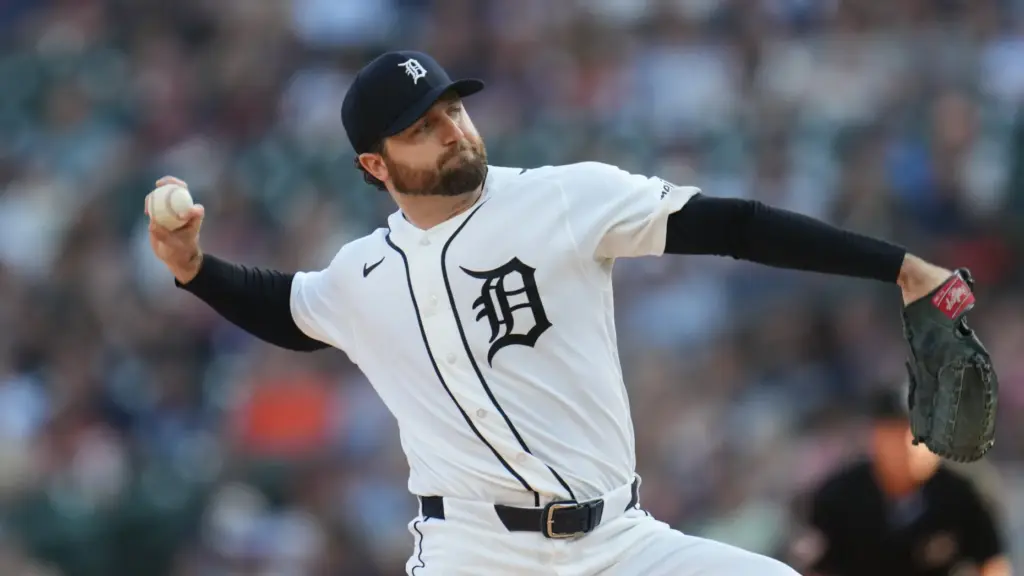 Detroit Tigers starting pitcher Casey Mize throws to the plate...