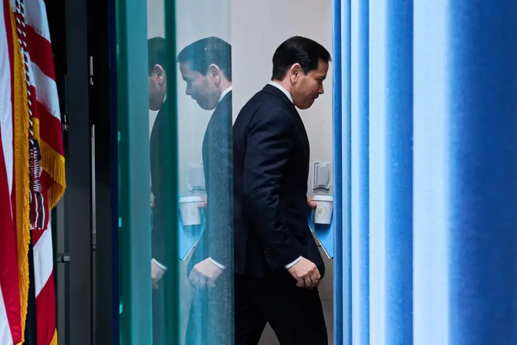 Secretary of State Marco Rubio leaves the James Brady Press Briefing Room after speaking to the media.