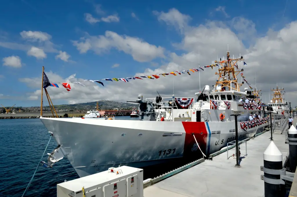The crew on board during the commissioning ceremony for the...