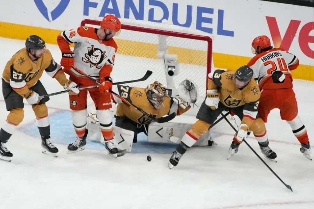 Vegas Golden Knights goaltender Carter Hart (79) blocks a shot...