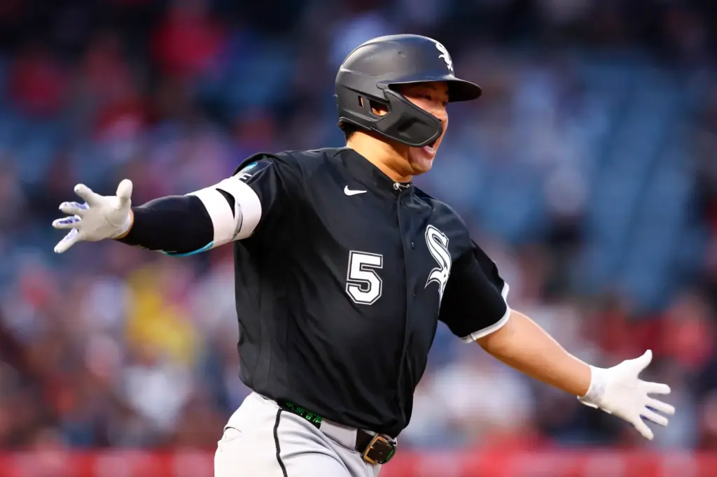 The Chicago White Sox’s Munetaka Murakami celebrates as he runs...