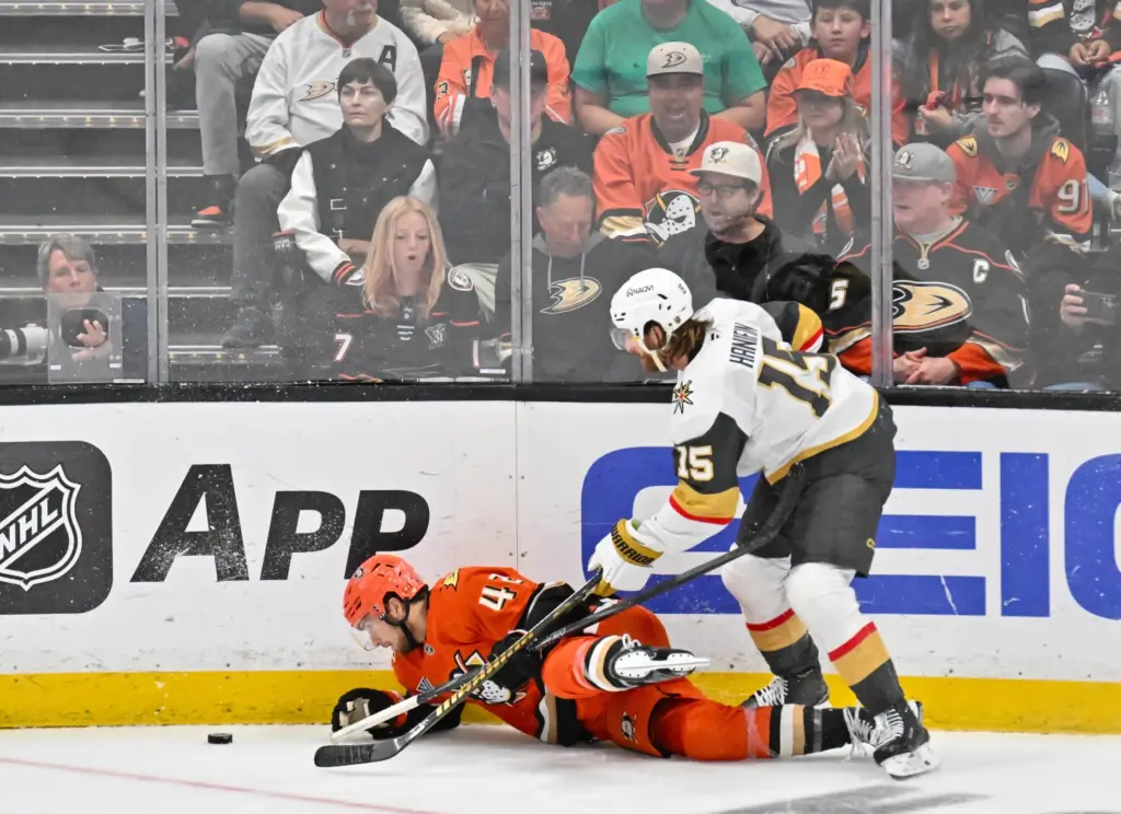 The Ducksâ Tim Washe (42) and Vegas Golden Knightsâ Noah...