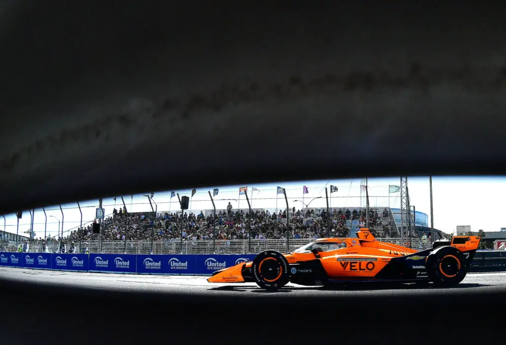 Indycar driver Christian Lundgaard races into turn 10 during the...