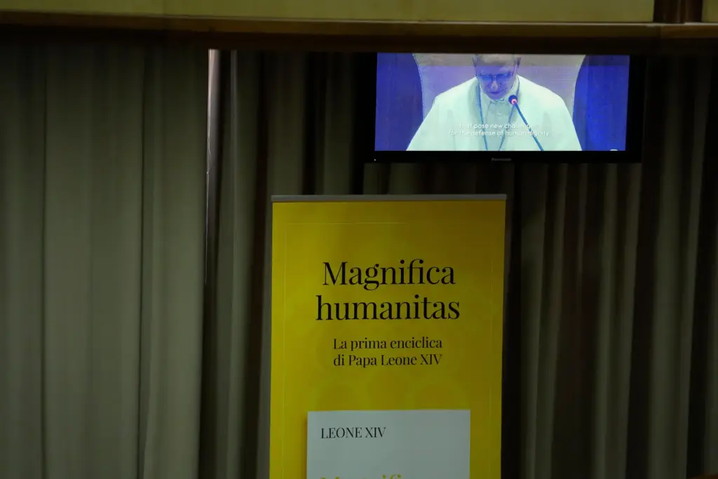 Pope Leo XIV attends the presentation of his first encyclical.