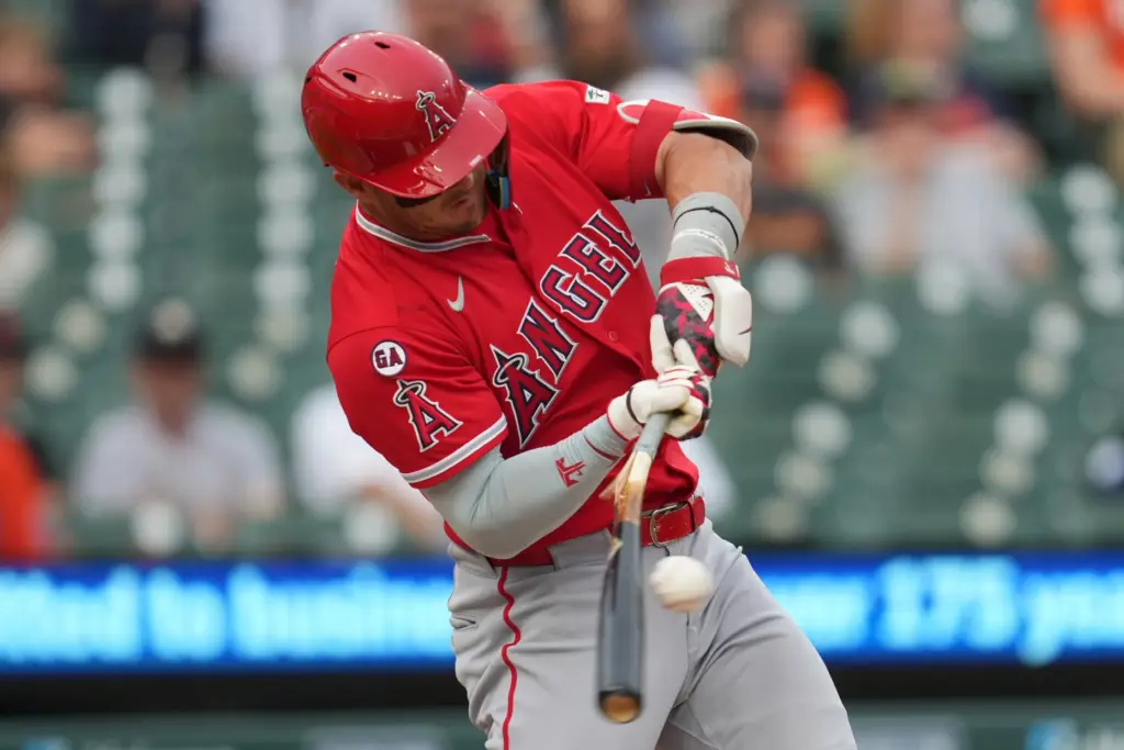 Angels star Mike Trout swings at a pitch during the...