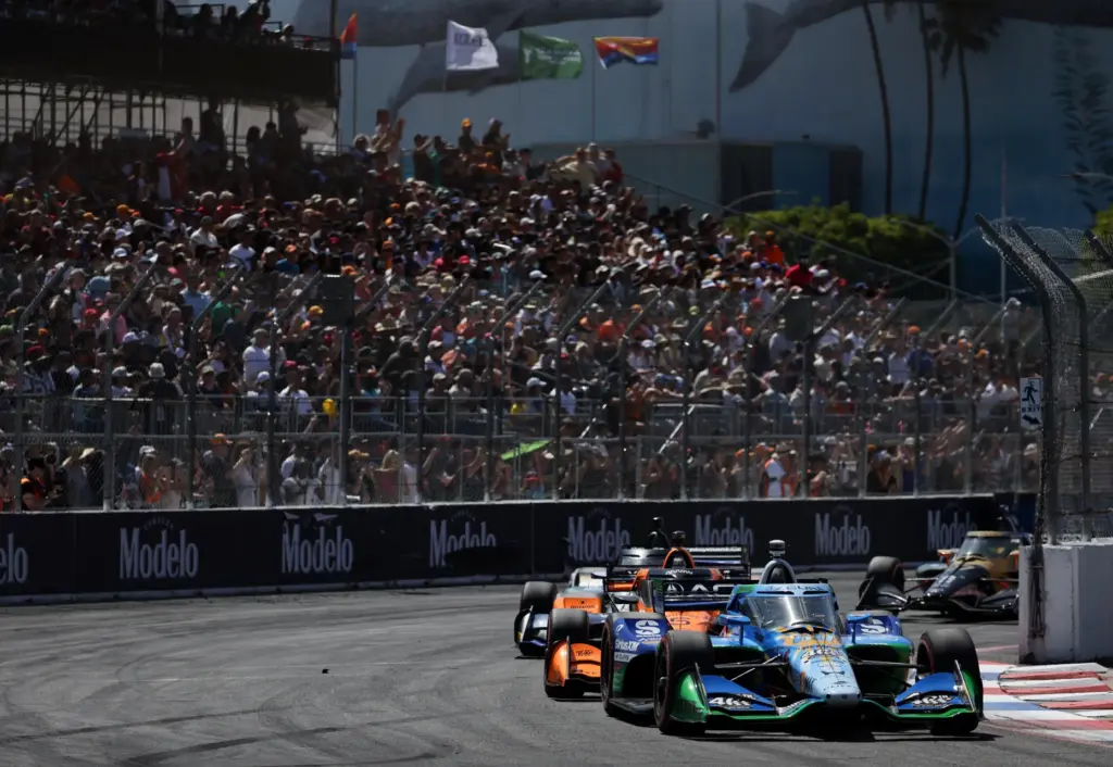 Indycar driver Felix Rosenqvist (60) leads the field on the...