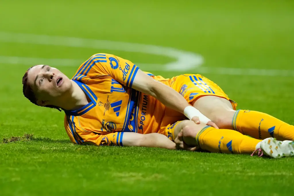 Tigres’ Marcelo Flores grabs his knee after being injured during...