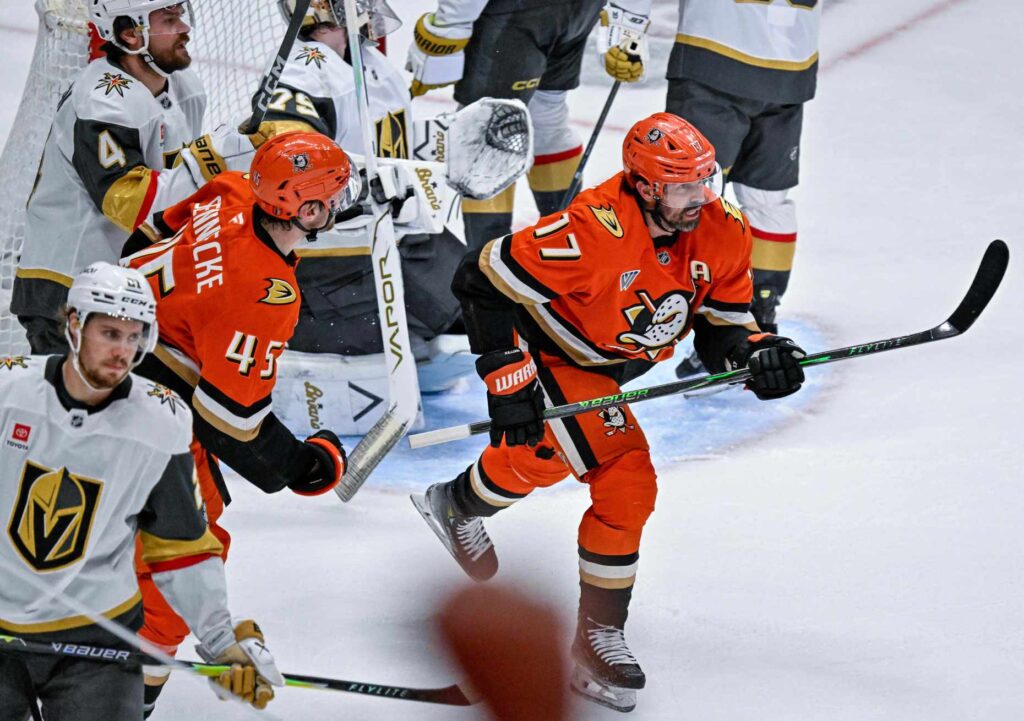 The Ducksâ Alex Killorn (17) celebrates after scoring a goal...