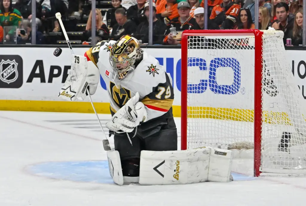 The Vegas Golden Knightsâ Carter Hart (79) blocks a shot...