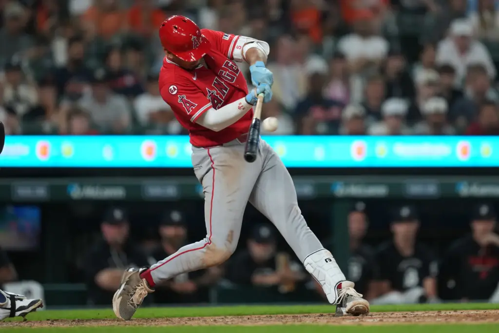 The Angels’ Vaughn Grissom hits a go-ahead grand slam during...