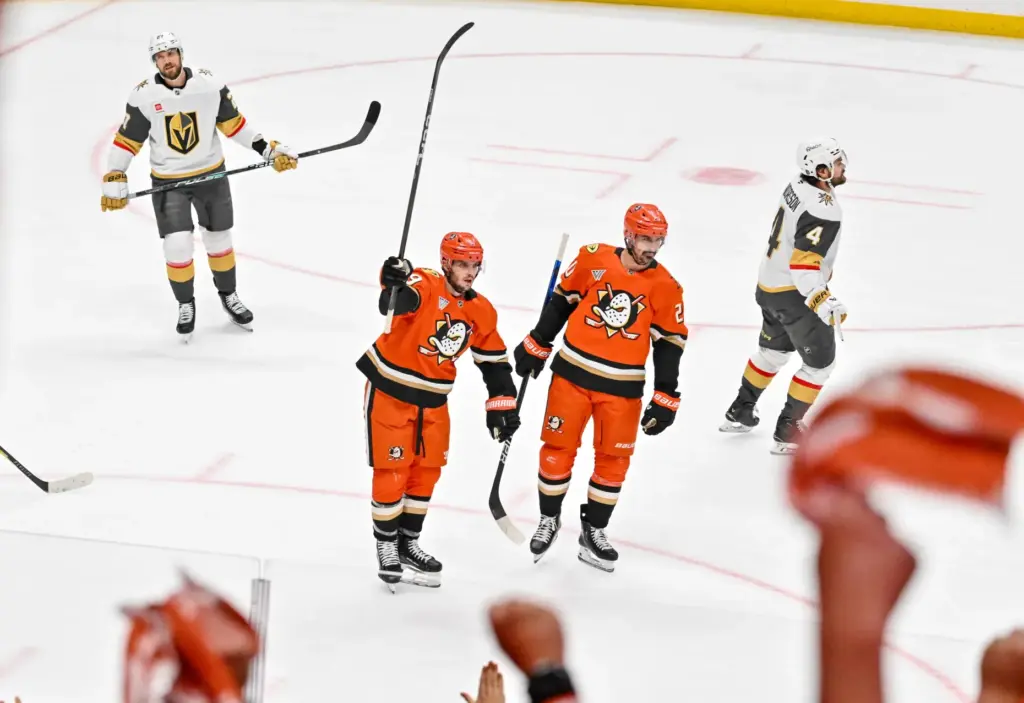 The Ducksâ Troy Terry (19) and Chris Kreider (20) celebrate...