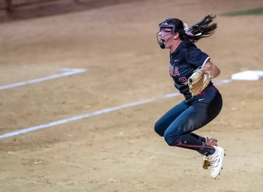 JSerra pitcher Liliana Escobar celebrates after throwing the final strike...