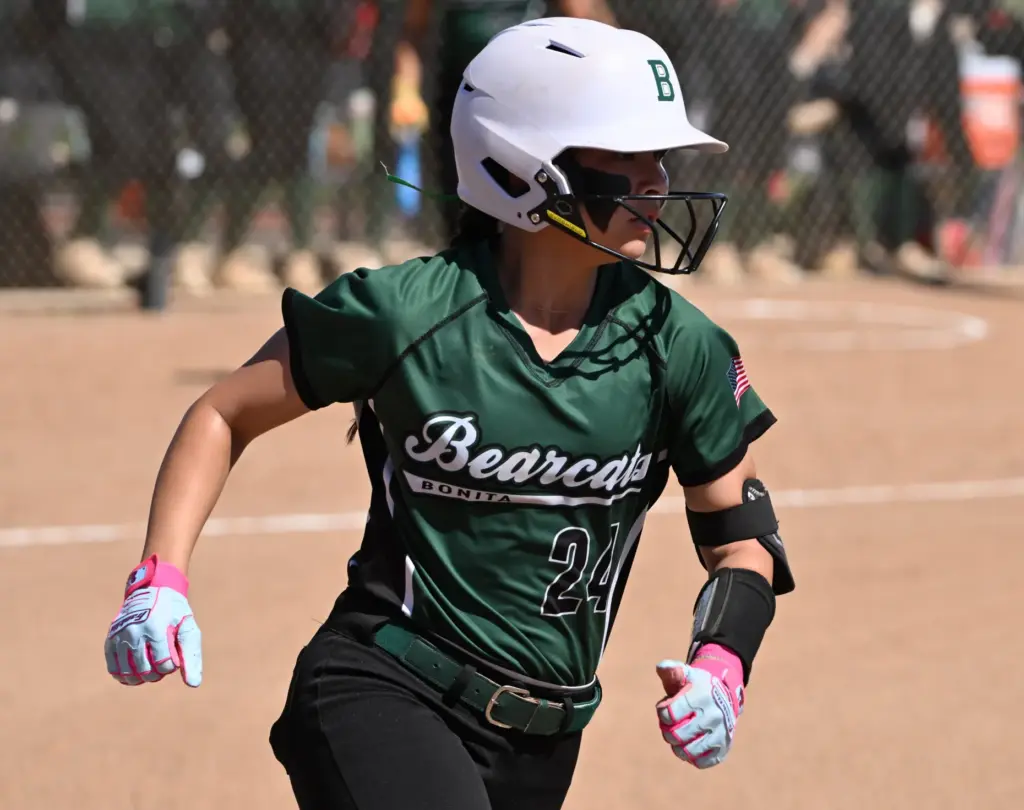 Madi Arzate #24 of the Bonita Wildcats singles against the...