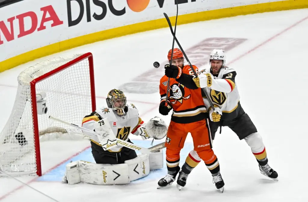 The Ducks Jeffrey Viel (28) and Vegas Golden Knights Brayden...