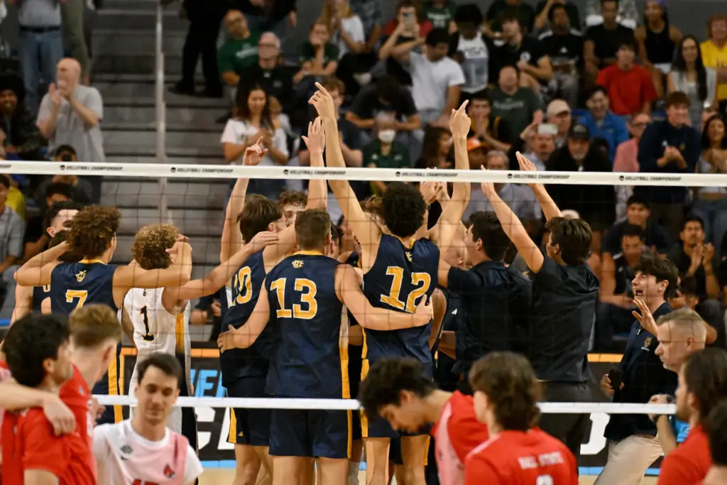 UC Irvine players celebrate after defeating Ball State in an...