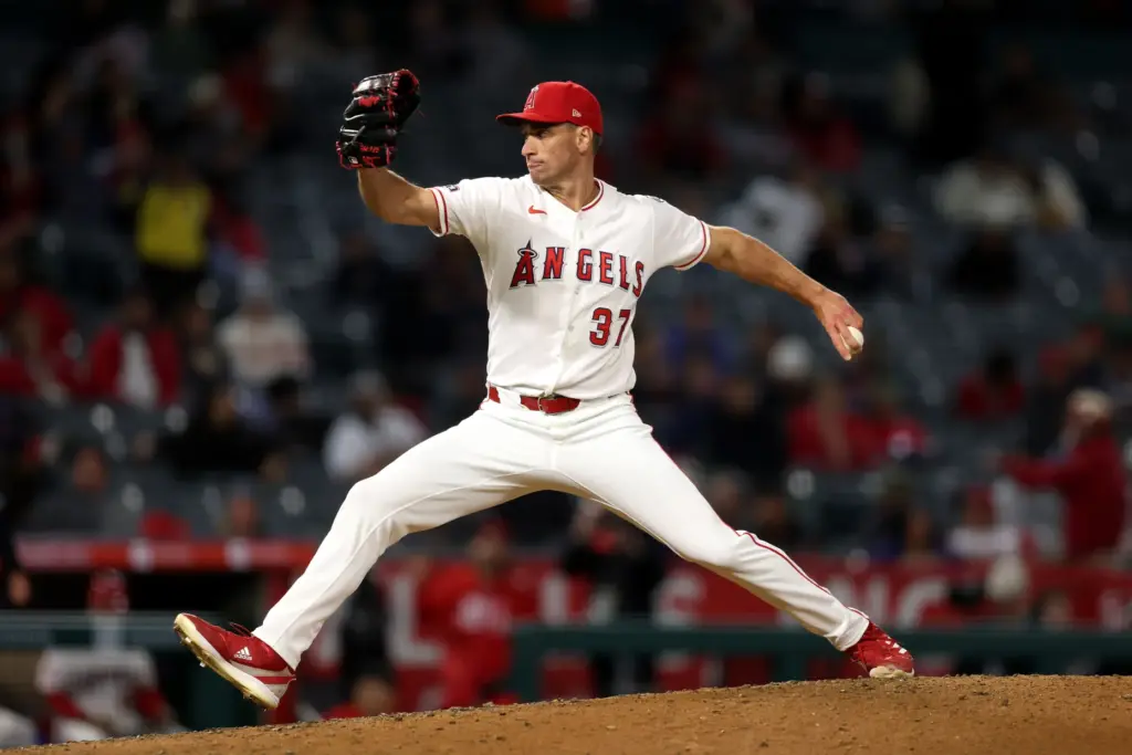 Angels relief pitcher Brent Suter throws to the plate during...