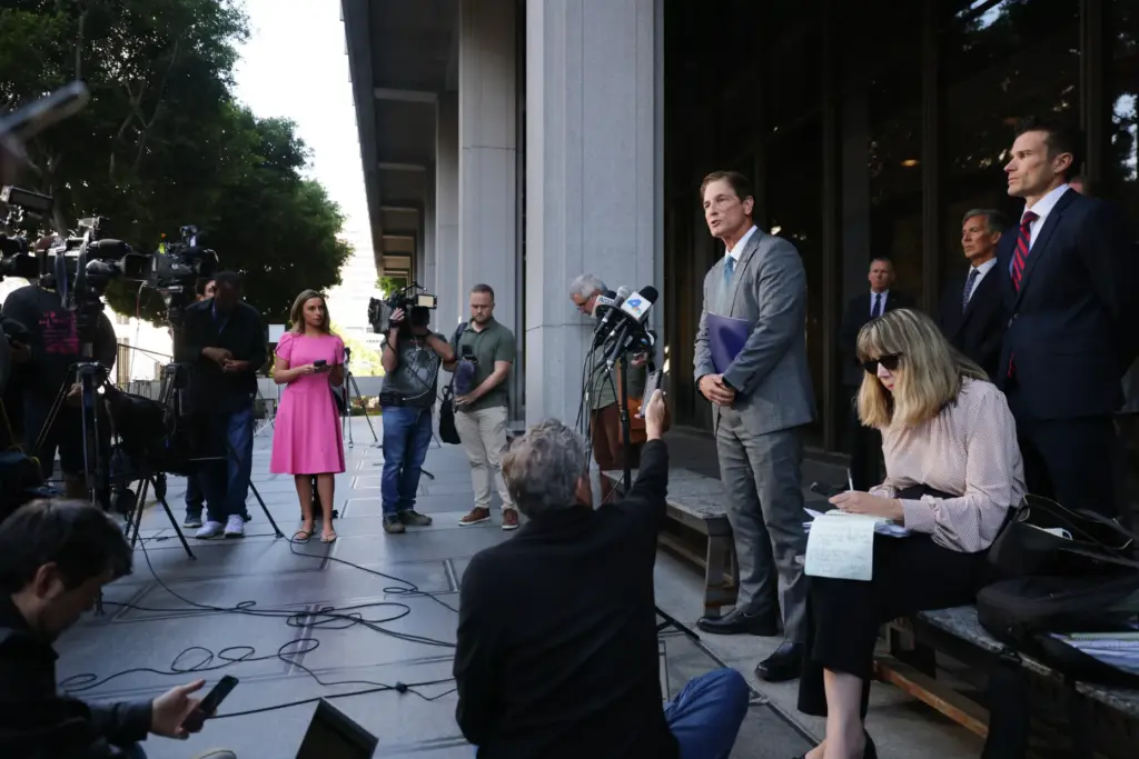 Los Angeles District Attorney Nathan Hochman speaks after the arraignment...