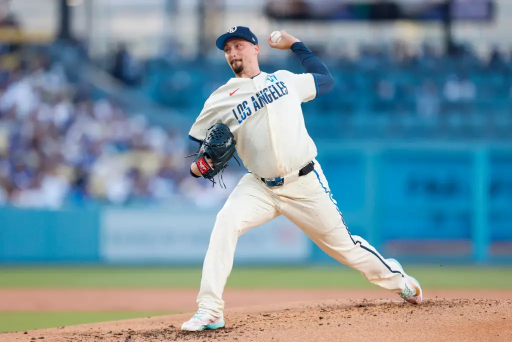Dodgers starting pitcher Blake Snell pitches during the second inning...