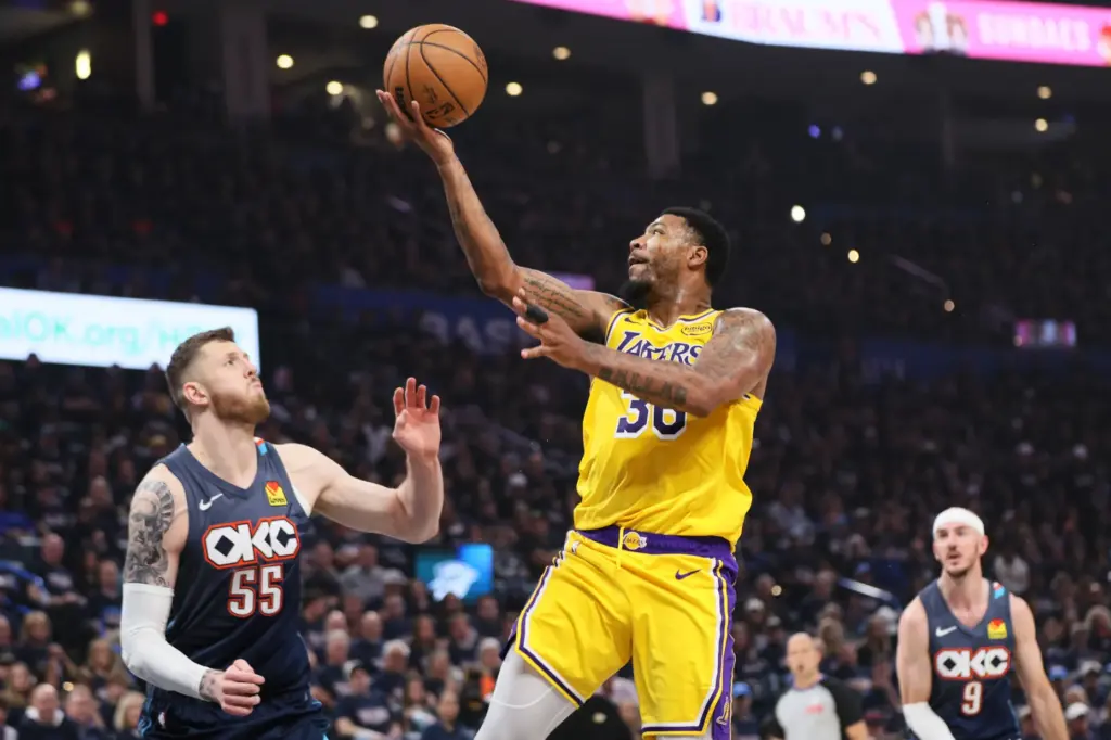 Los Angeles Lakers guard Marcus Smart (36) shoots over Oklahoma...