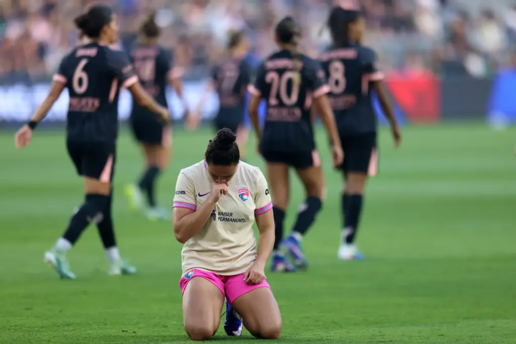 Dudinha of San Diego Wave FC celebrates scoring her team’s...