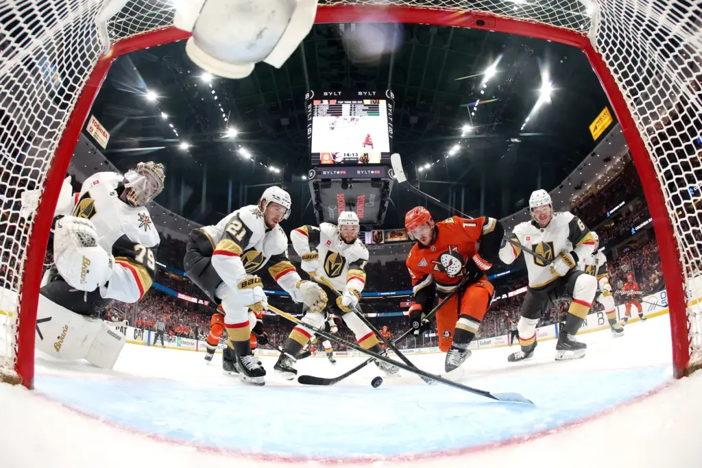Vegas Golden Knights goaltender Carter Hart, far left, and teammates...