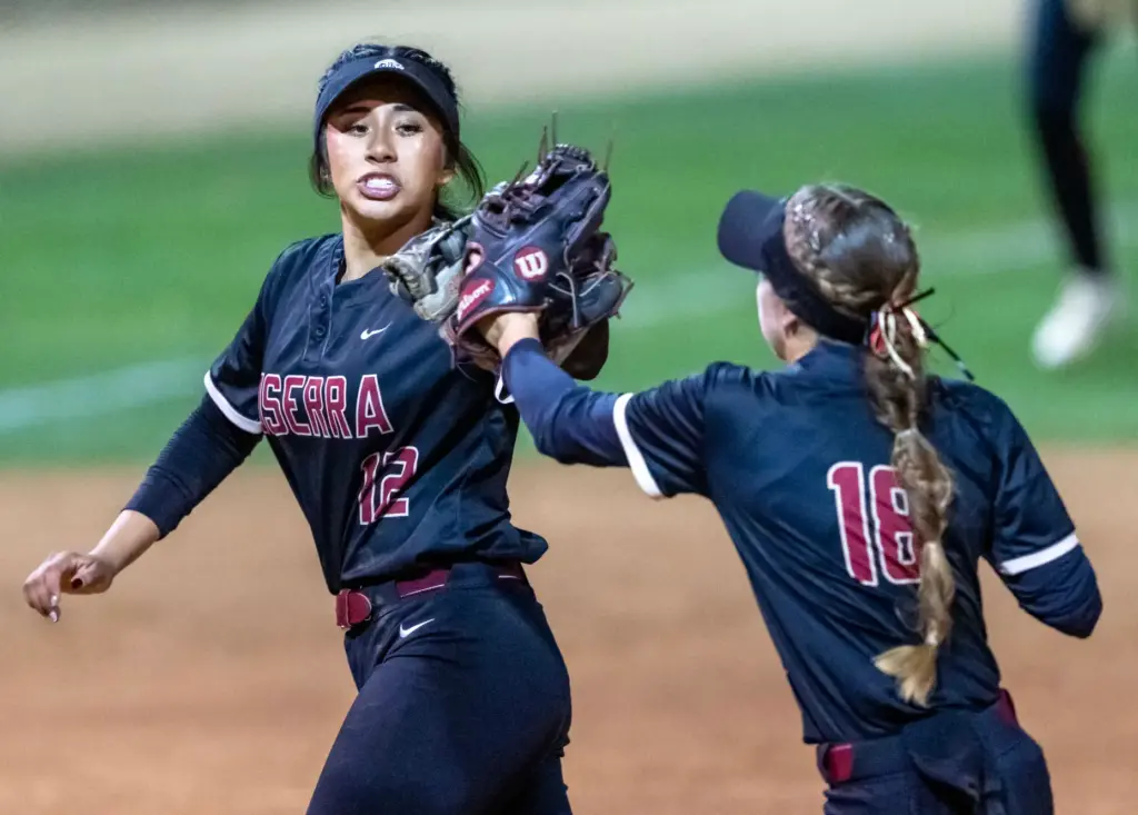 JSerra third baseman Angelina Jimenez, left, and second baseman Ava...