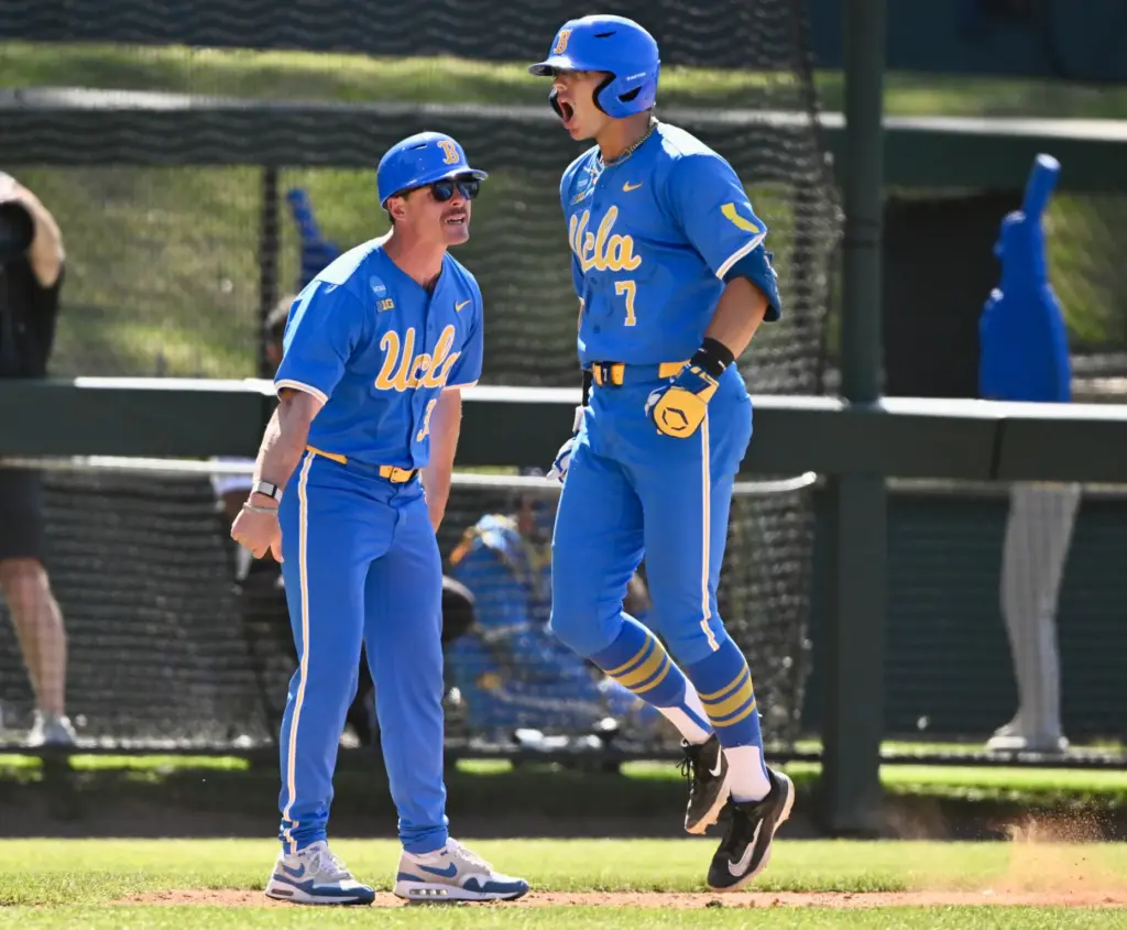 Roman Martin #7 of the UCLA Bruins reacts after a...