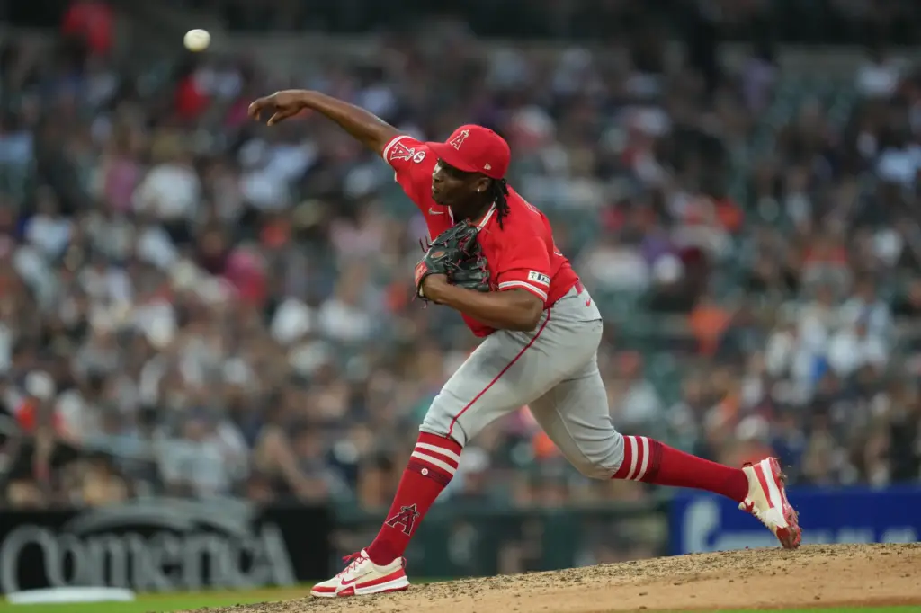 Angels relief pitcher JosÃ Fermin throws to the plate during...