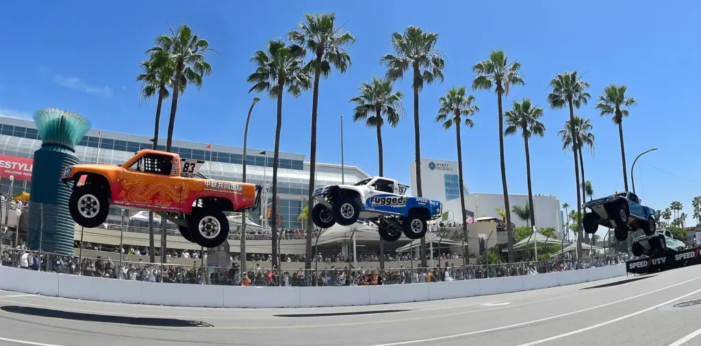 Stadium Super Trucks driver Matt Brabham leads Blake Wilkey during...