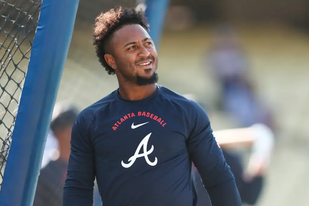 Atlanta Braves second baseman Ozzie Albies looks on during batting...