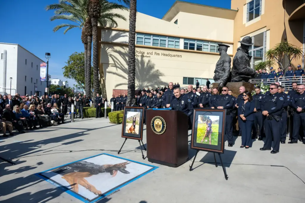 Burbank Police Chief Rafael Quintero speaks during a memorial ceremony...