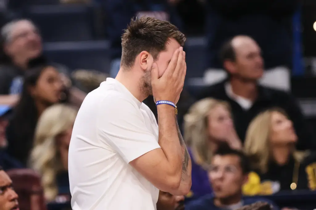 Los Angeles Lakers’ Luka Doncic reacts to an officials call...