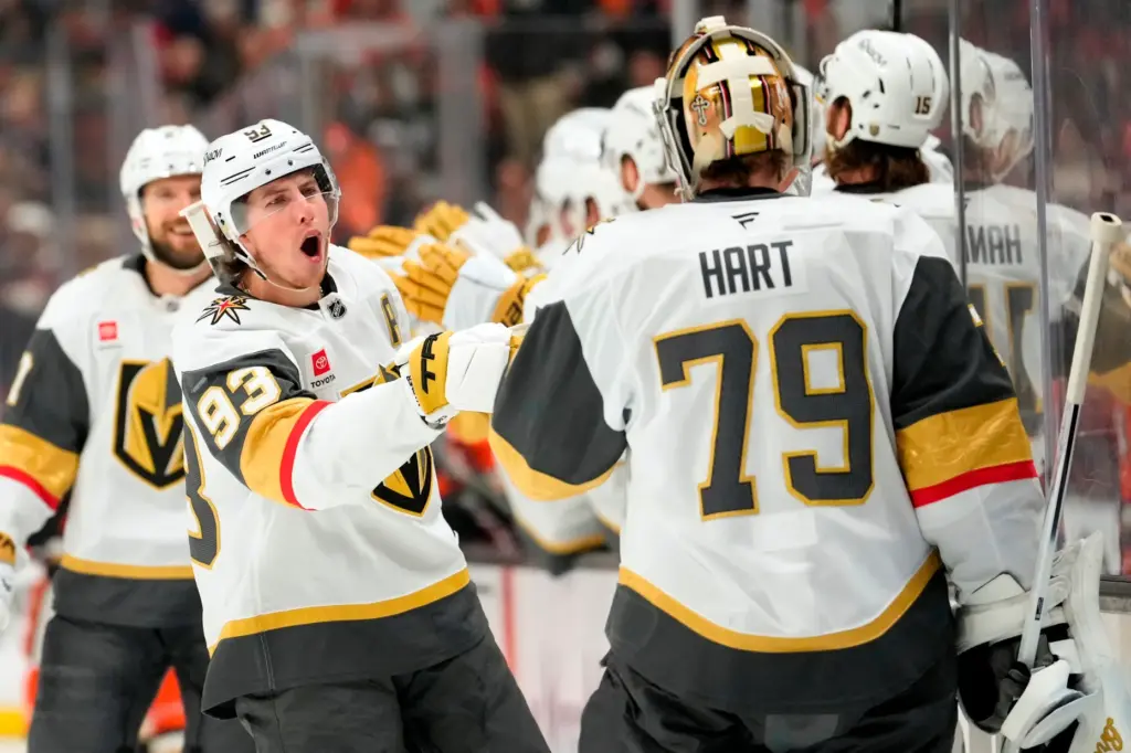 Vegas Golden Knights right wing Mitch Marner, second from left,...