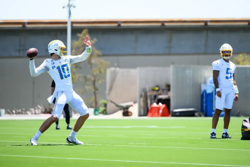Chargers quarterback Justin Herbert throws a pass during the team’s...