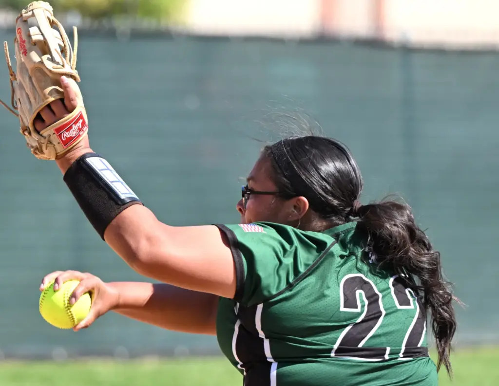 Starting pitcher Serenity Reyes #22 of the Bonita Wildcats throws...