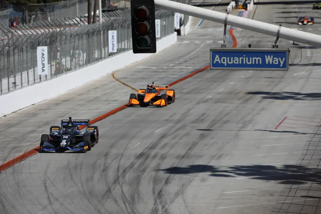 Alex Palou leads Pato OâWard heading into the first turn...