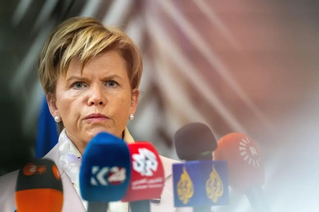 Latvia's Foreign Minister Baiba Braze speaks with the media.