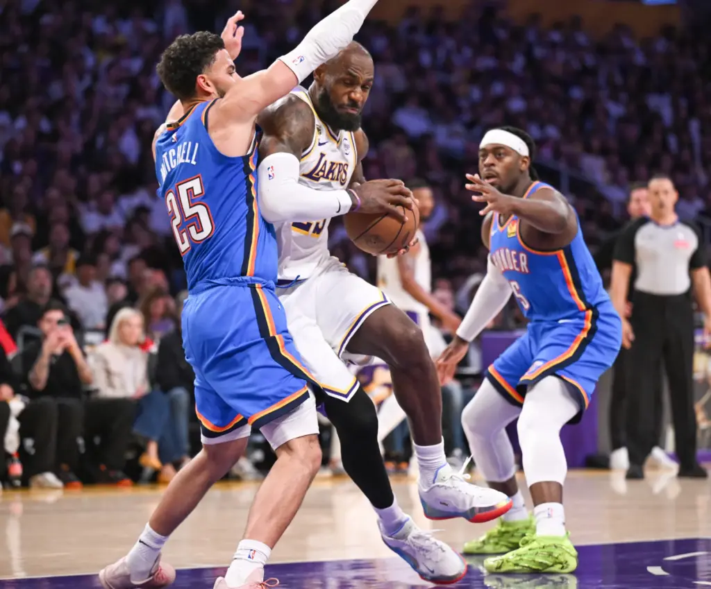 Lakers star LeBron James looks for a path to the...