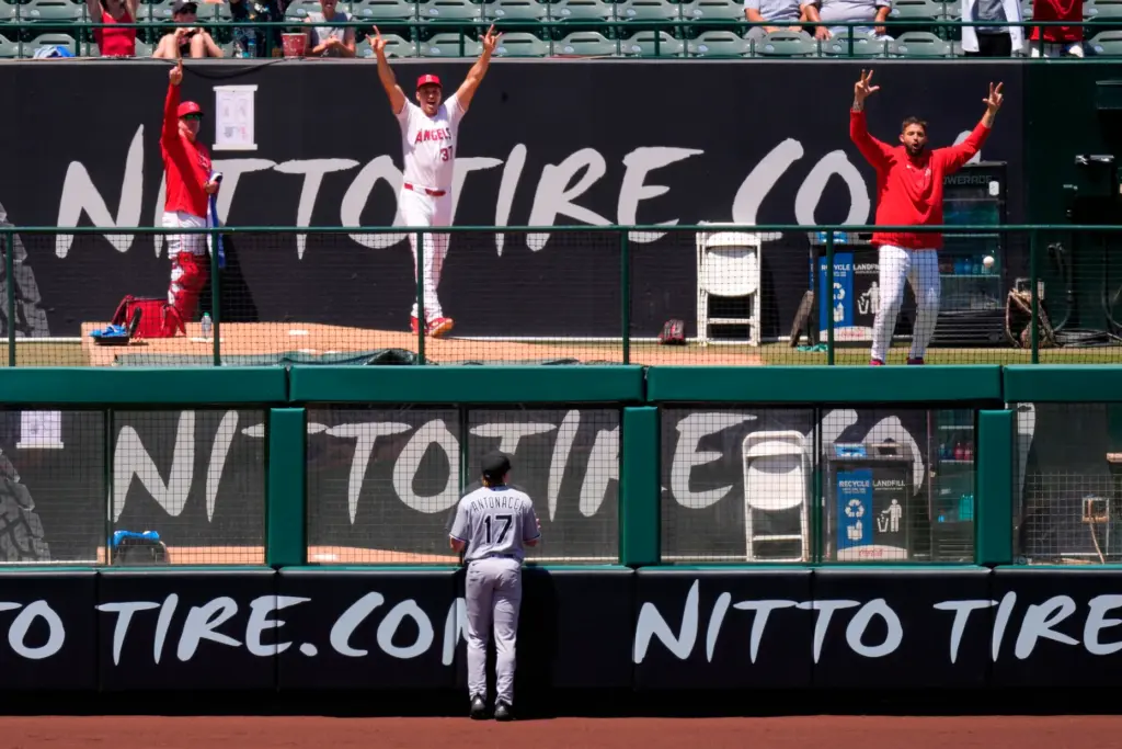 Chicago White Sox left fielder Sam Antonacci, below, watches a...
