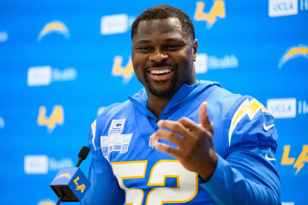 Chargers linebacker Khalil Mack speaks to reporters after the team’s...