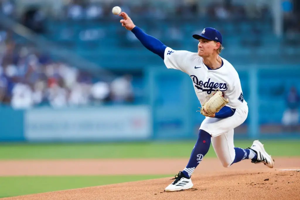 Dodgers starting pitcher Emmet Sheehan throws to the plate during...