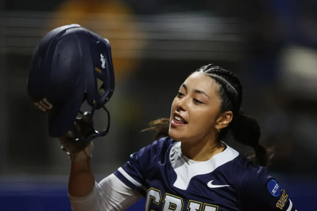 California Baptistâs Victoria Macias celebrates after hitting a home run...