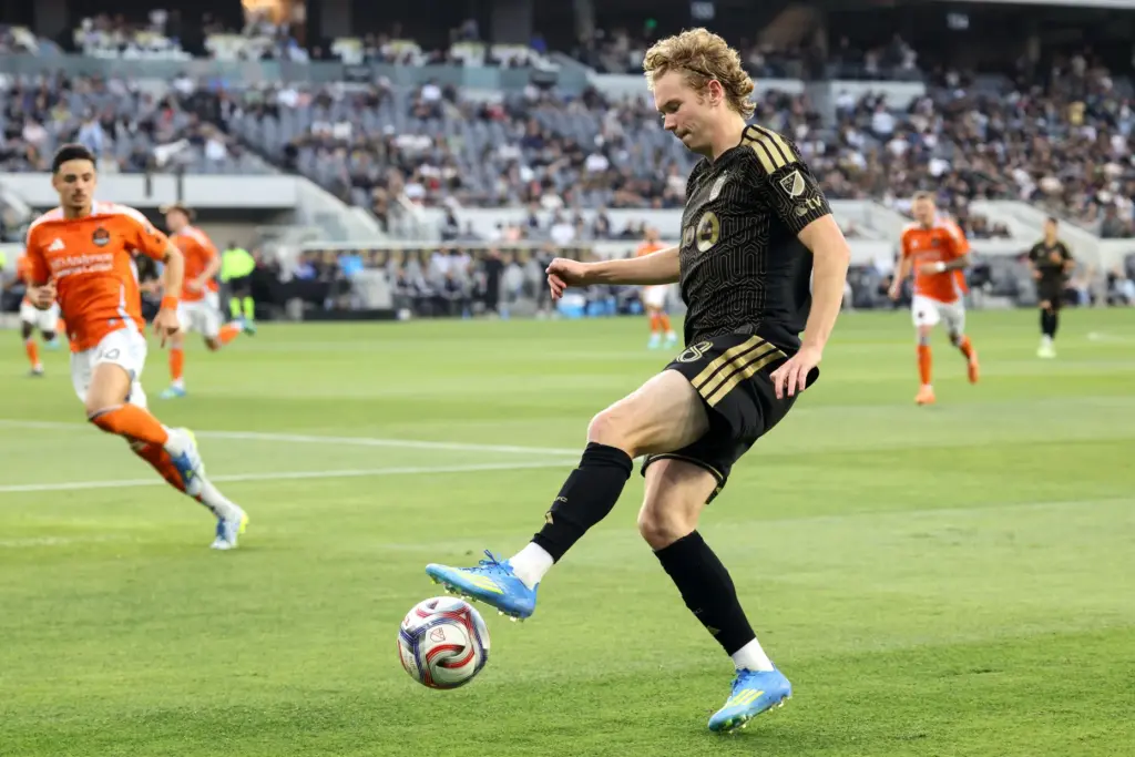 Los Angeles FC forward Jacob Shaffelburg recovers the ball against...