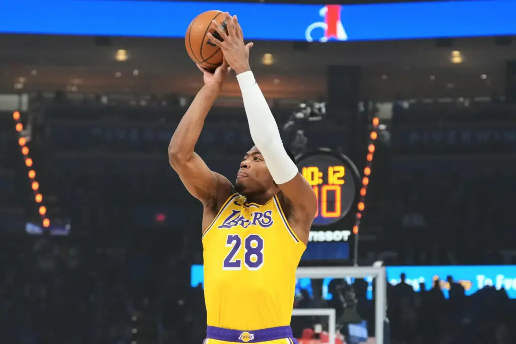 Lakers forward Rui Hachimura shoots during the first half of...