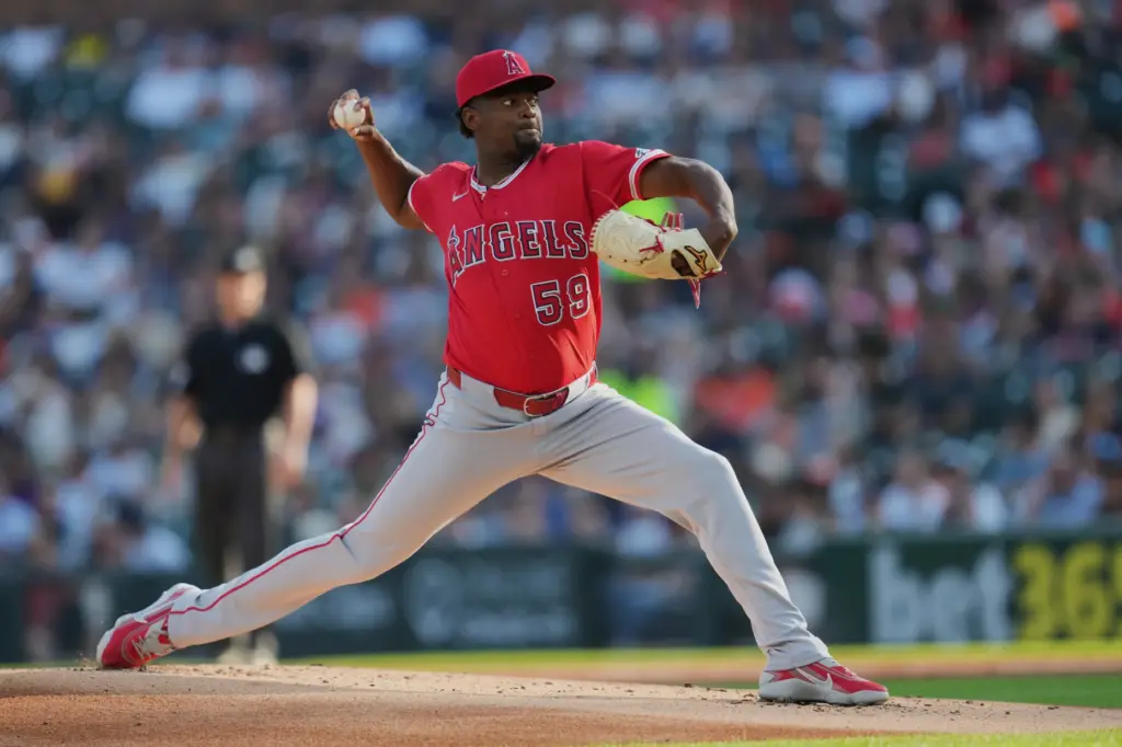 Angels starting pitcher JosÃ Soriano throws to the plate during...