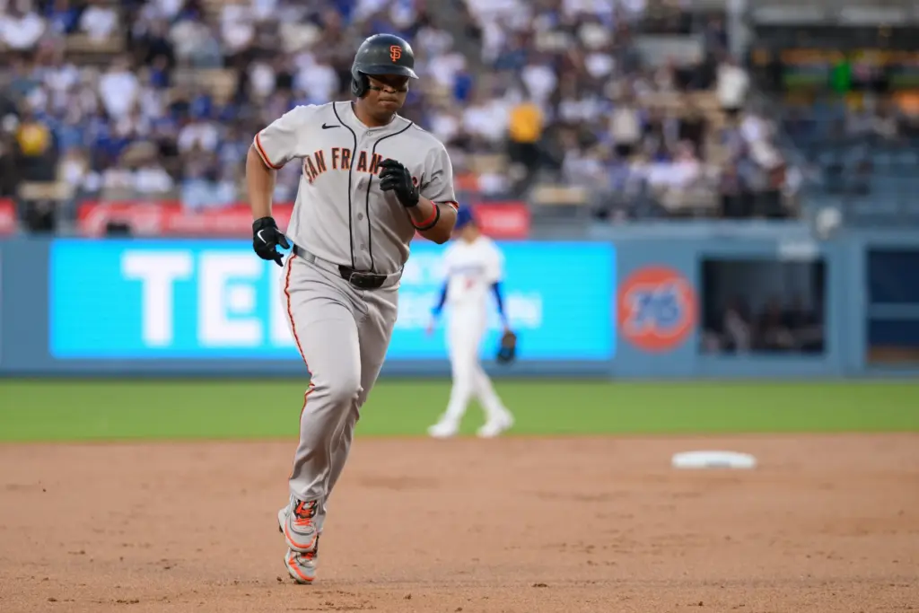 The San Francisco Giants’ Rafael Devers runs the bases after...