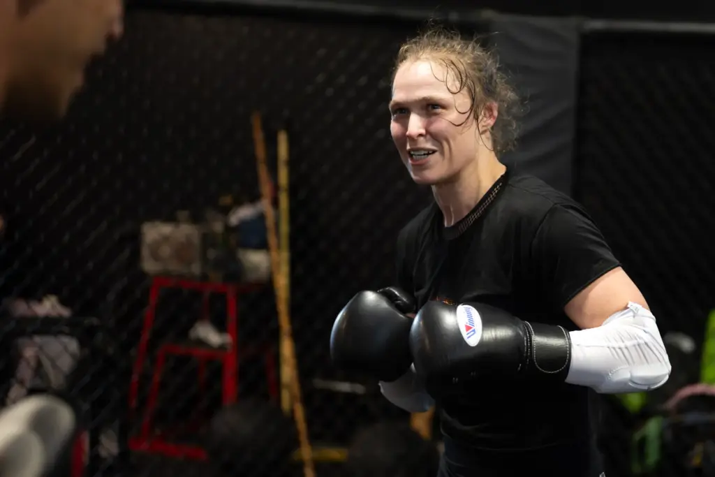 Former UFC champion and Olympic medalist Ronda Rousey prepares for...
