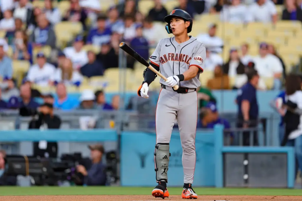 The San Francisco Giants’ Jung Hoo Lee reacts after a...