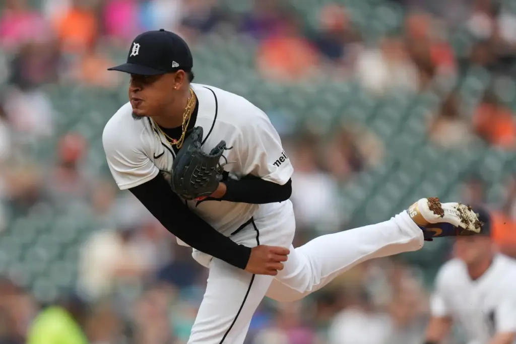 Detroit Tigers starting pitcher Keider Montero throws to the plate...